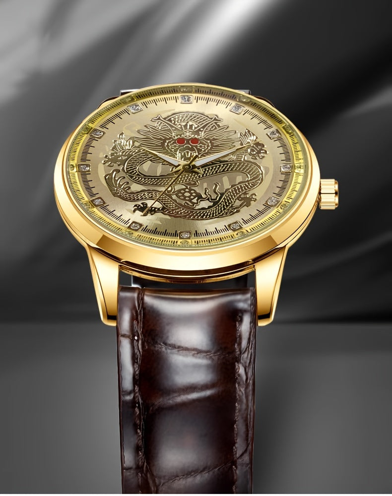 WOKAI Men's Luxury Dragon Quartz Watch - Golden-Tone Zinc Alloy Case, Brown Faux Leather Strap, Black Dial with Dragon Motif, Gemstone Accents, 1181.1inch Water Resistant, Battery Operated