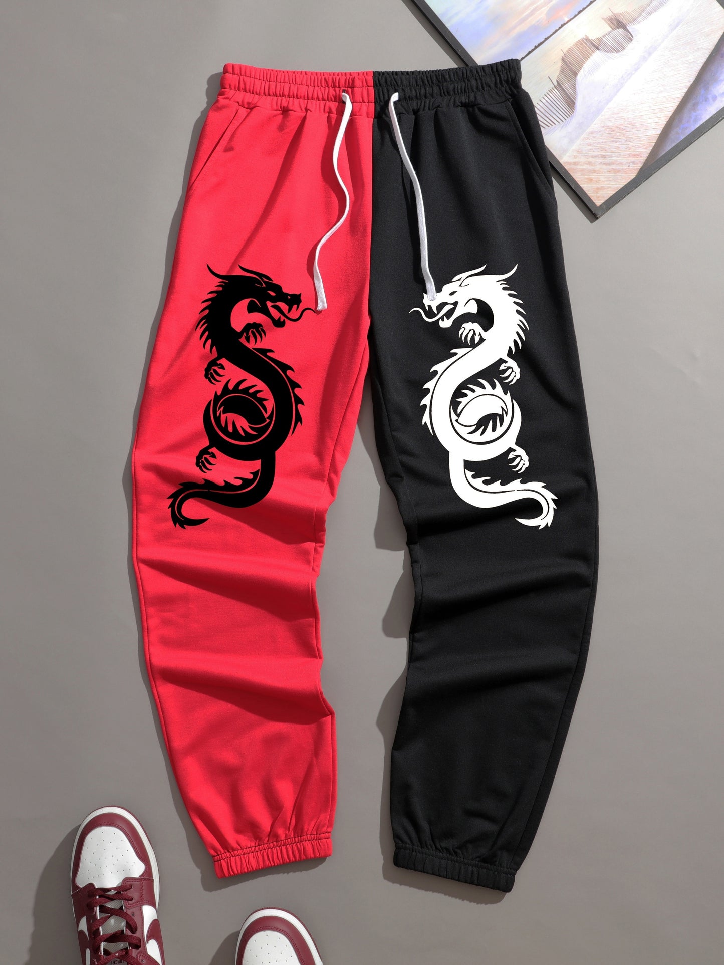 Two Color Splicing, Men's Drawstring Sweatpants, Dragons Print Pocket Breathable Casual Jogger Pants, Mens Clothing