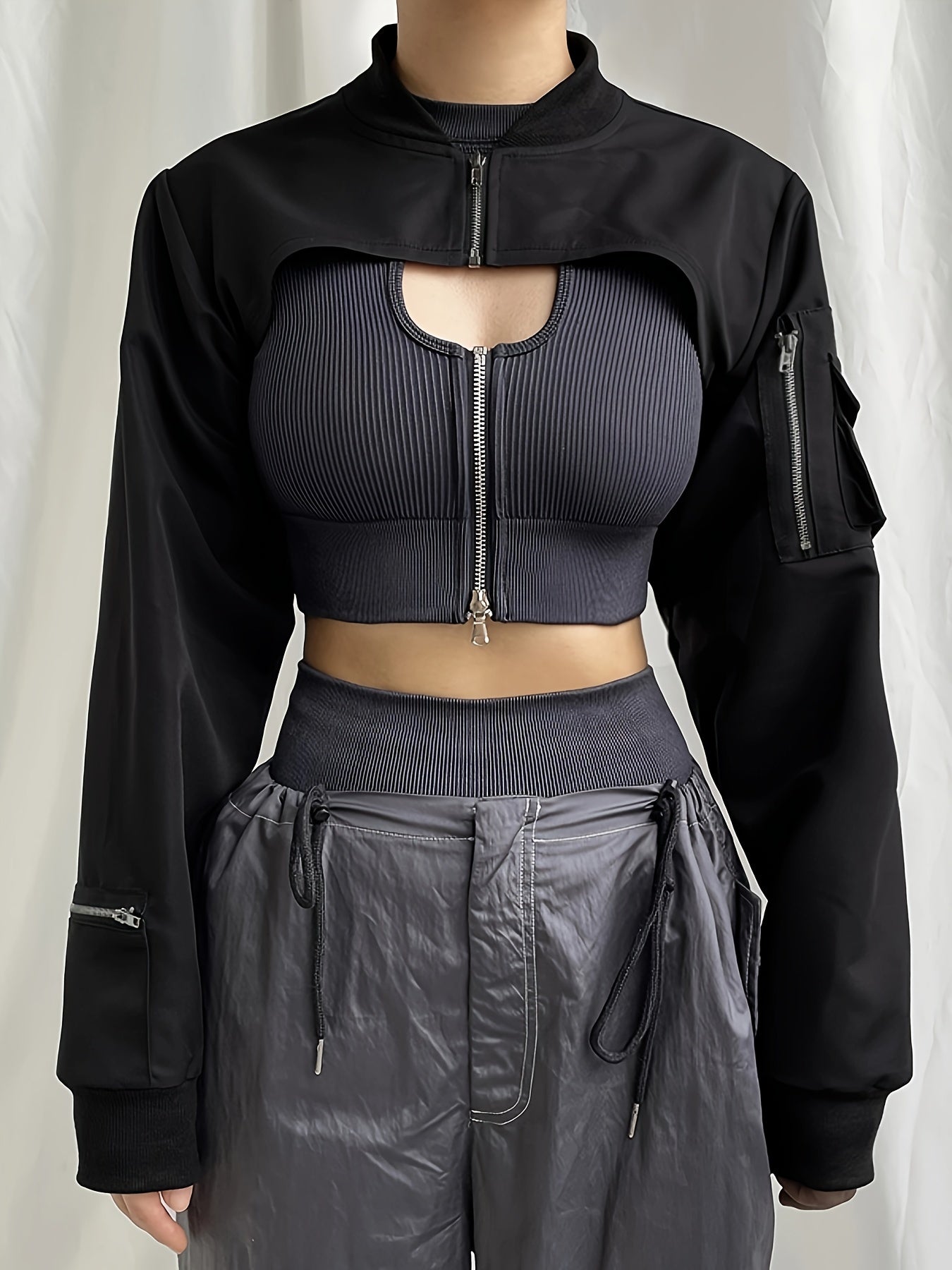 Women's Casual Bomber Jacket with Pockets - Versatile Spring/Fall Wear, Zip-Up Long Sleeve, Machine-Washable Polyester Blend