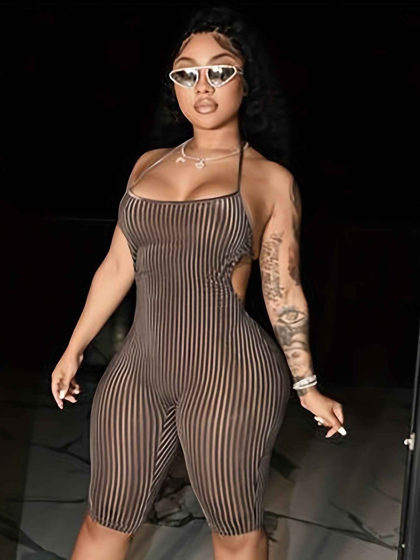 Sexy Velvet Halter Romper for Women - Backless Tie-Up Jumpsuit with Ribbed Texture, Machine Washable, Green, Perfect for Spring/Summer Parties, Plus Rompers And Jumpsuits - Pedlar's Attic