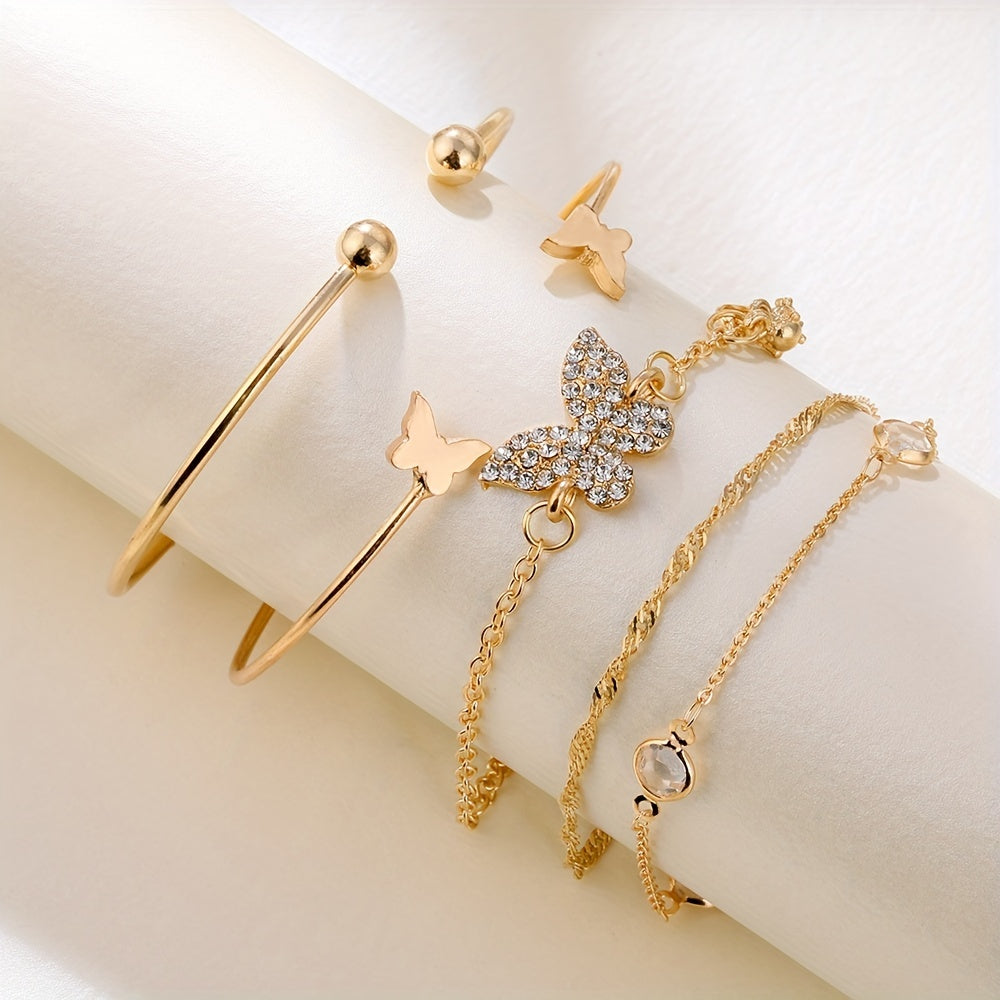 5pcs/Set Exquisite Butterfly-Shaped Rhinestone Cuff Bangle Jewelry for Women - Elegant and Simple Design, Perfect for Daily Wear, Gift-Giving, and Any Occasion - Alloy Material, Rhinestones Mosaic, Other Plating, Suitable for