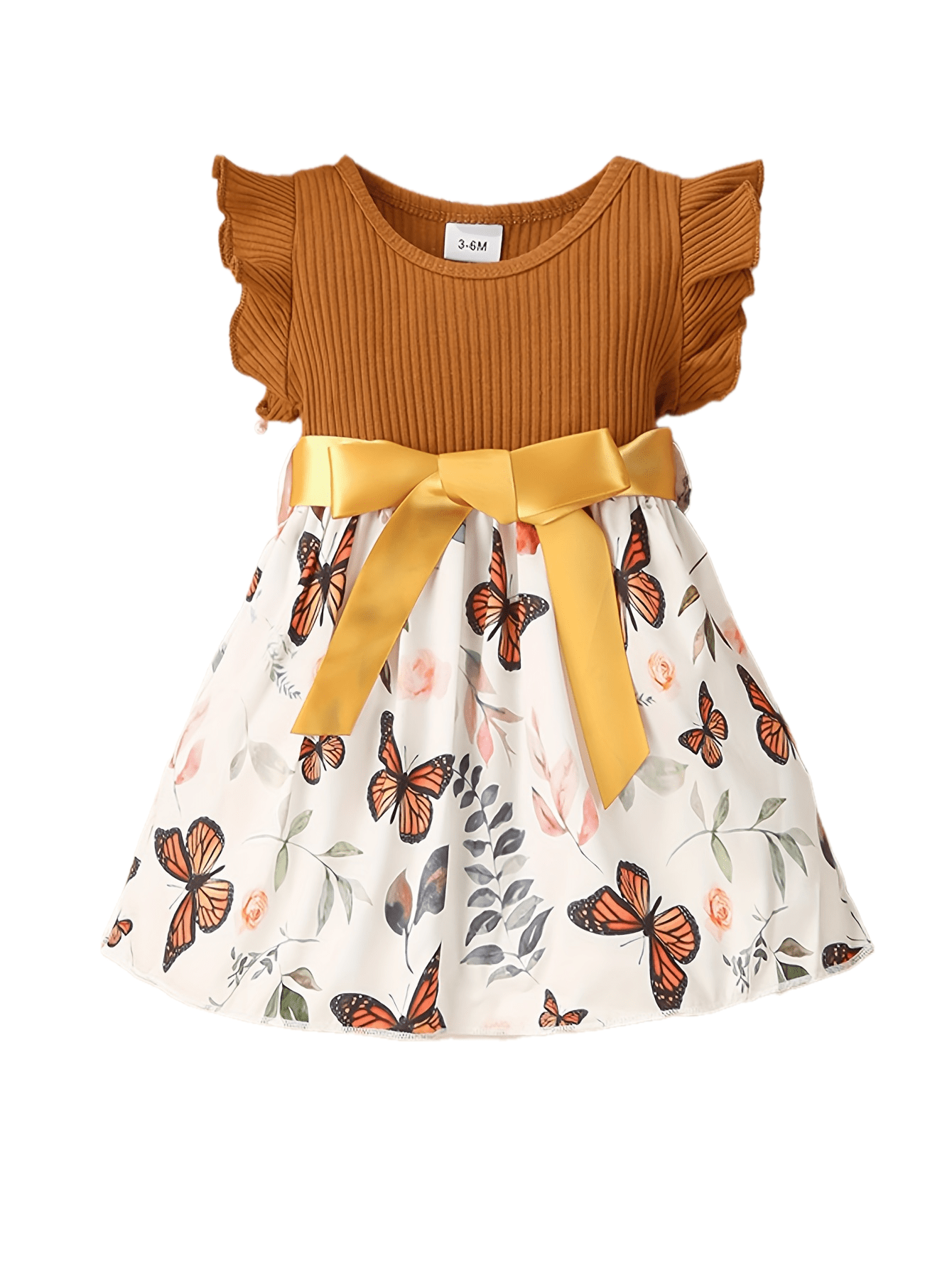 Baby Girls Cute Butterfly Graphic Print Ruffled Sleeve Belted Dress, Kids Summer Comfortable Clothes