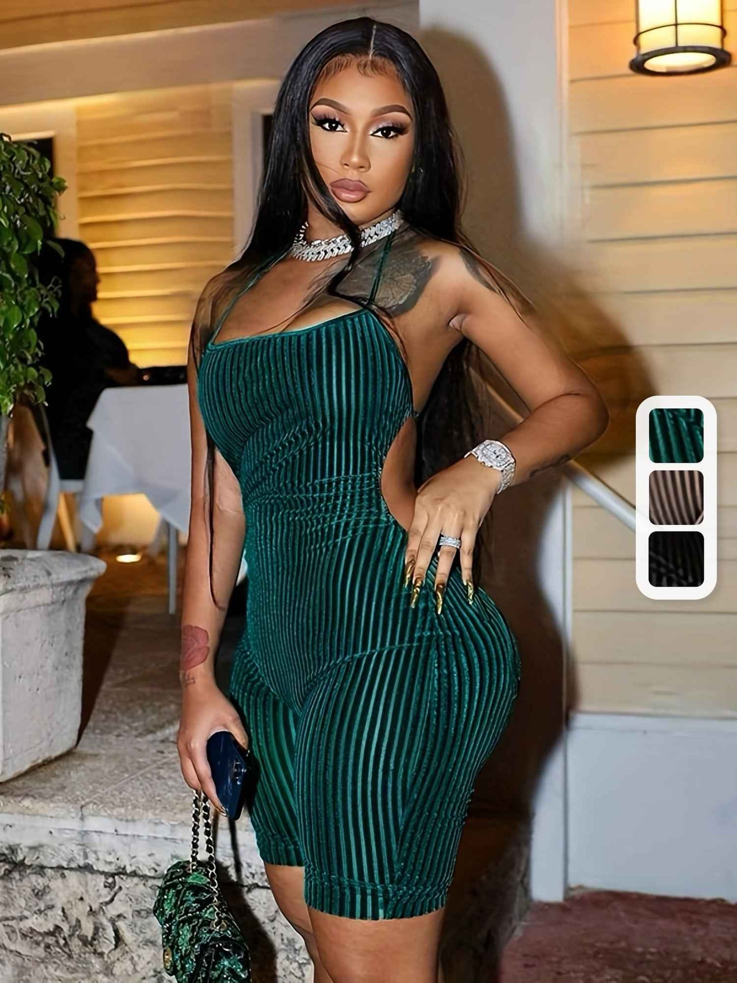 Sexy Velvet Halter Romper for Women - Backless Tie-Up Jumpsuit with Ribbed Texture, Machine Washable, Green, Perfect for Spring/Summer Parties, Plus Rompers And Jumpsuits - Pedlar's Attic