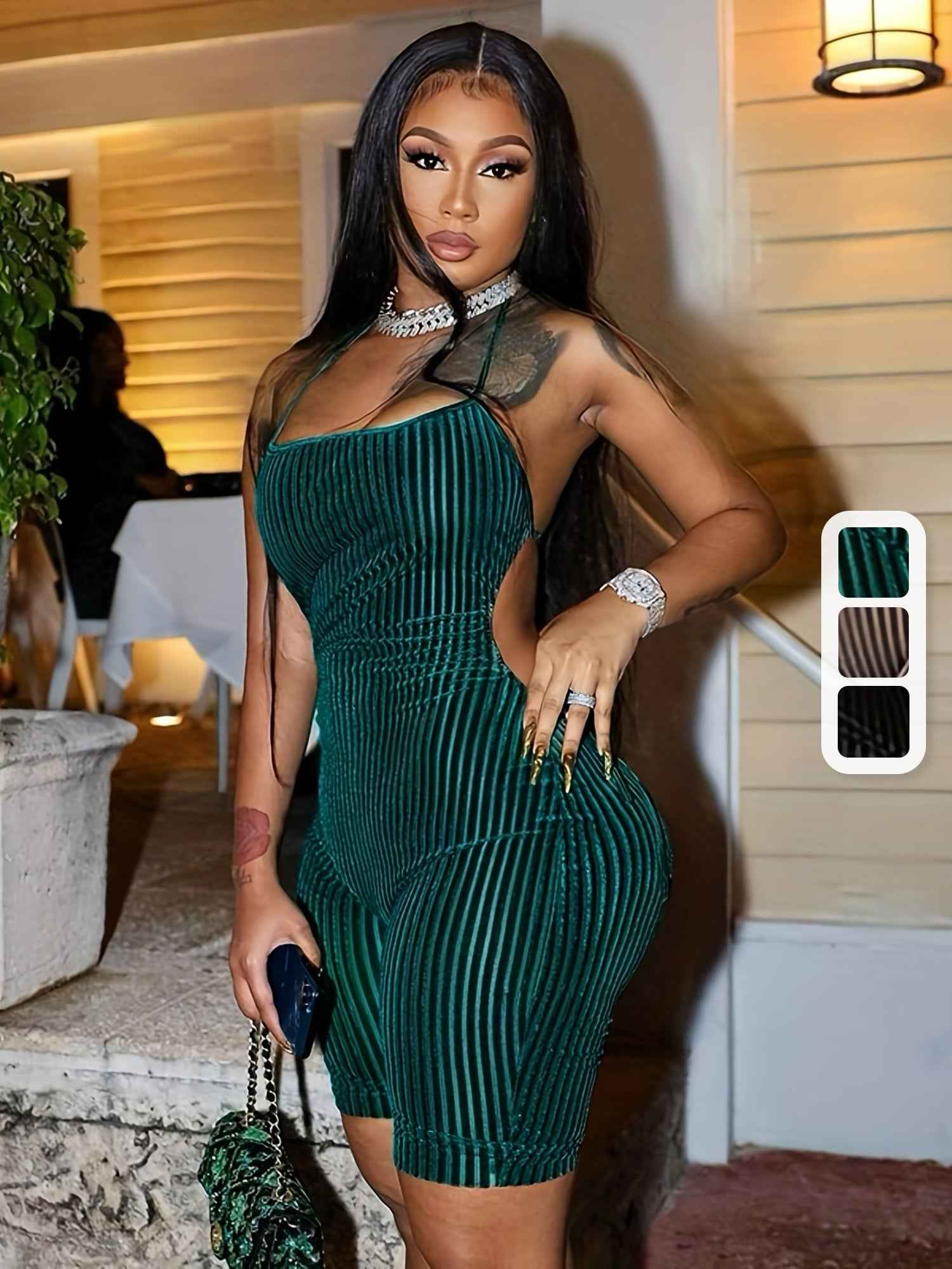 Sexy Velvet Halter Romper for Women - Backless Tie-Up Jumpsuit with Ribbed Texture, Machine Washable, Green, Perfect for Spring/Summer Parties, Plus Rompers And Jumpsuits - Pedlar's Attic