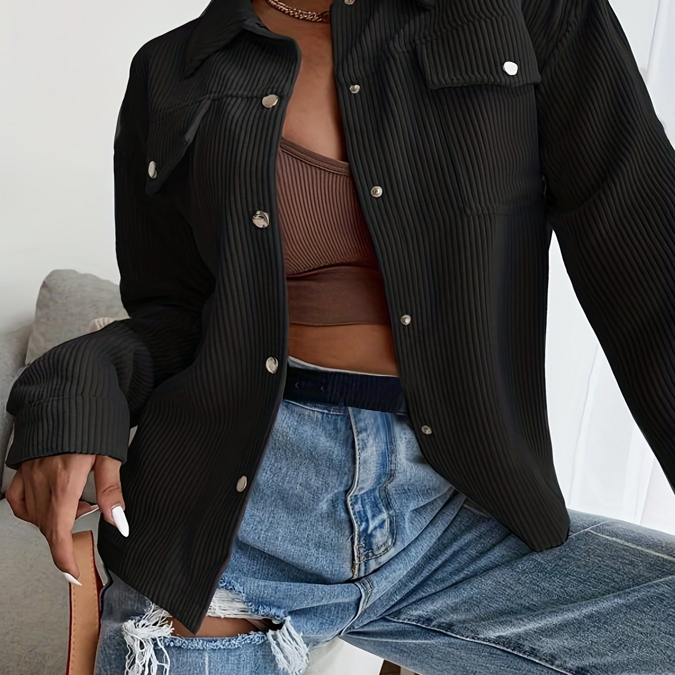 Long Sleeve Corduroy Bomber Jacket - Classic Lapel Collar, Button Front, Single Breasted, Split Sleeve, Regular Fit - Perfect for Weekend Casual, Spring/Fall Season