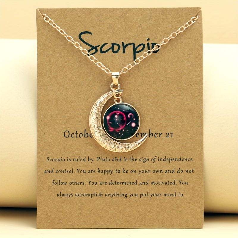 1pc Retro Glow-in-the-Dark Zodiac Moon Pendant Necklace - Vintage Style, Zinc Alloy with Glass Accents, Adjustable Chain for Women - Ideal for Daily Wear & Gifting, Zodiac Jewelry, Gift Jewelry, Vintage Jewelry, Durable Jewel