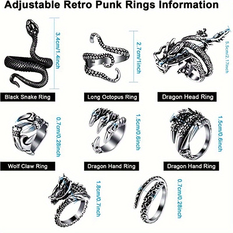 Adjustable Stainless Steel 8pc Ring Set - Dragon & Snake Zircon-Inlaid, Retro Casual Style Essentials