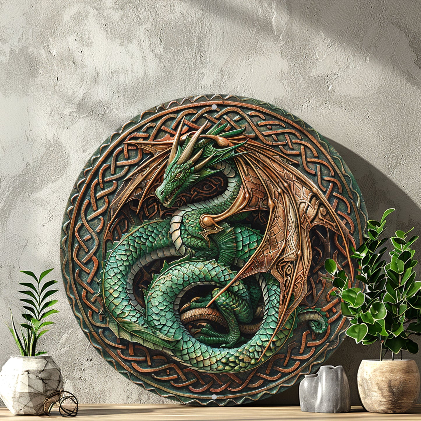 Dragon Wreath Wall Art Plaque - 8-inch Classic Style 2D Aluminum Metal Flat Sign, Multipurpose Wall Hanging Decor for Home, Living Room, Office, Kitchen, Ideal for Halloween & Christmas, Without Electricity Needed