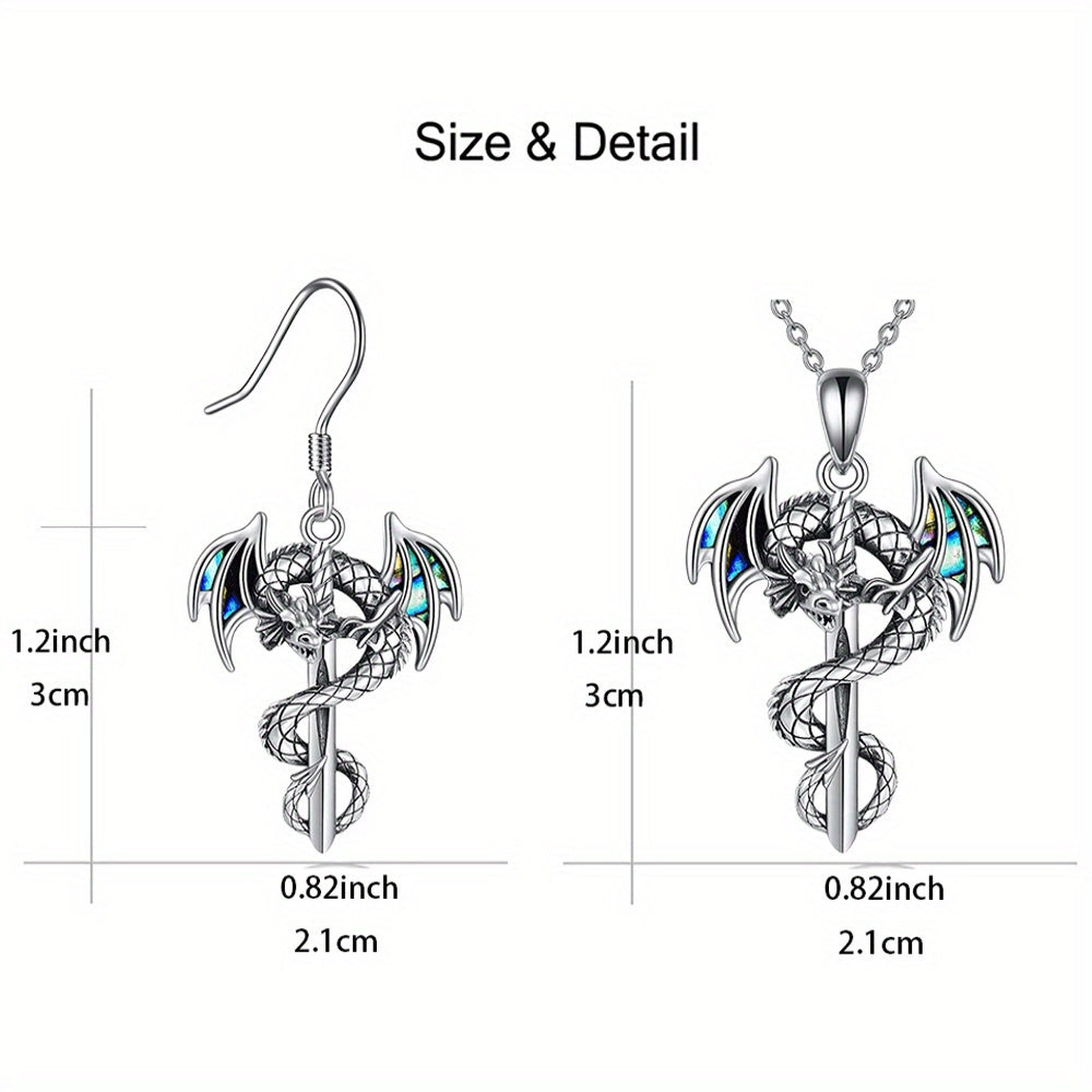 2pcs set of fashionable retro dragon and sword necklace and earrings set, perfect for birthdays and Christmas gifts for family and friends