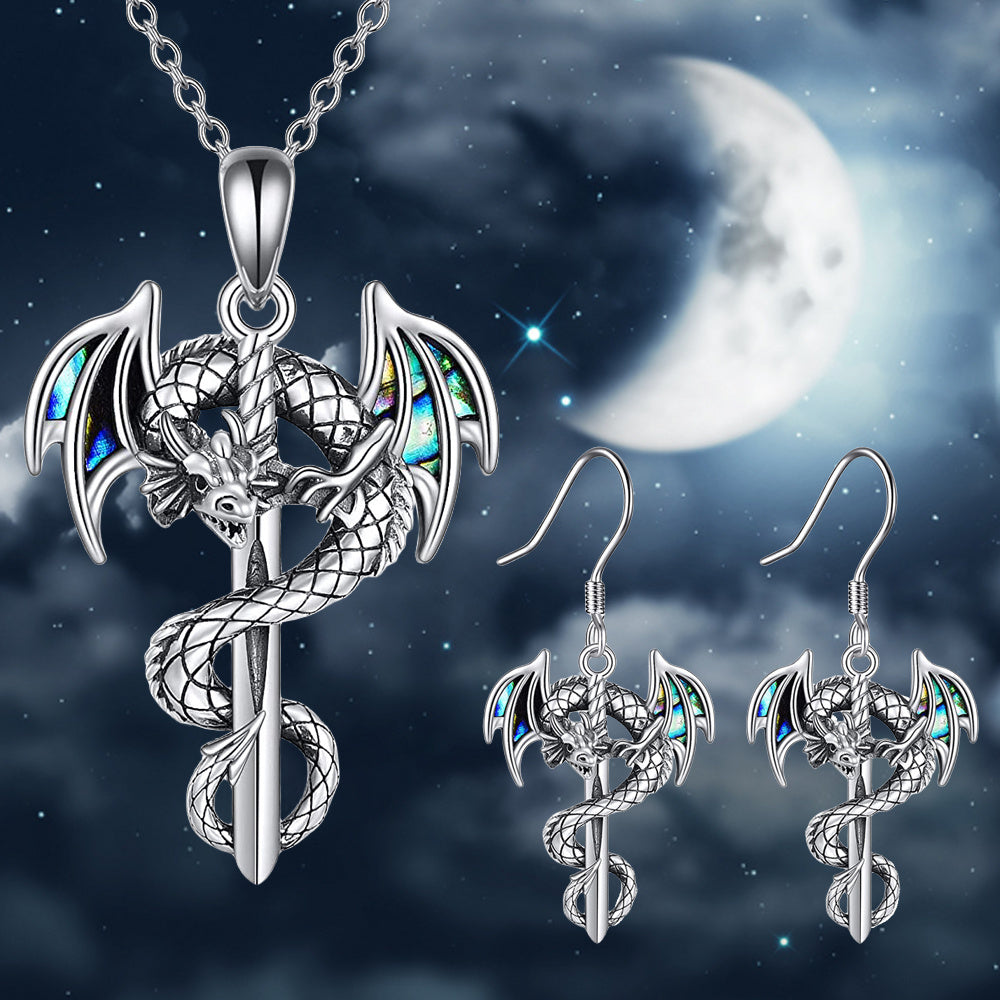 2pcs set of fashionable retro dragon and sword necklace and earrings set, perfect for birthdays and Christmas gifts for family and friends