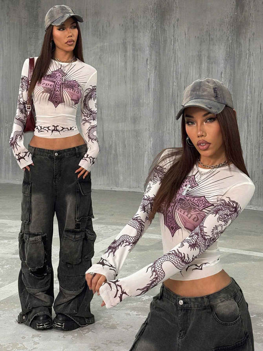 StreetHx Women's Sheer Mesh Fitted Base Layer Top, Music Festival Goth Grunge Dragon Print Streetwear Y2K Baddie Vintage Style Long Sleeve T-Shirt, Spring/Summer - Pedlar's Attic