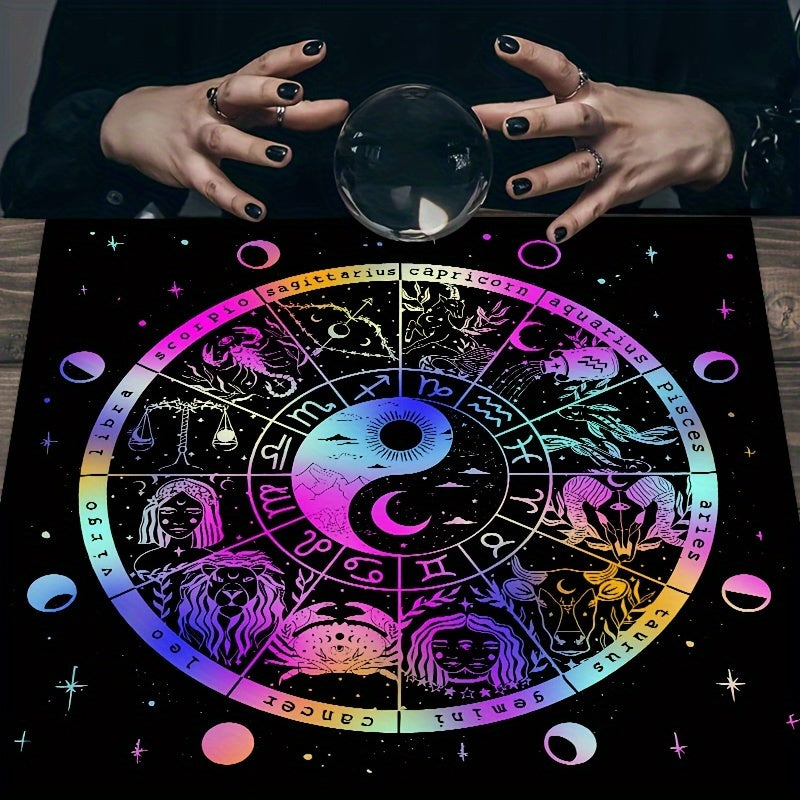 Sun Moon Starry Sky Polyester Tarot Card Tablecloth - 12 Zodiac Constellations Altar Cloth for Tarot Reading, Astrology Themed Party Games & Activities, Durable Material, Electricity-Free, Age 14+ - 1pc