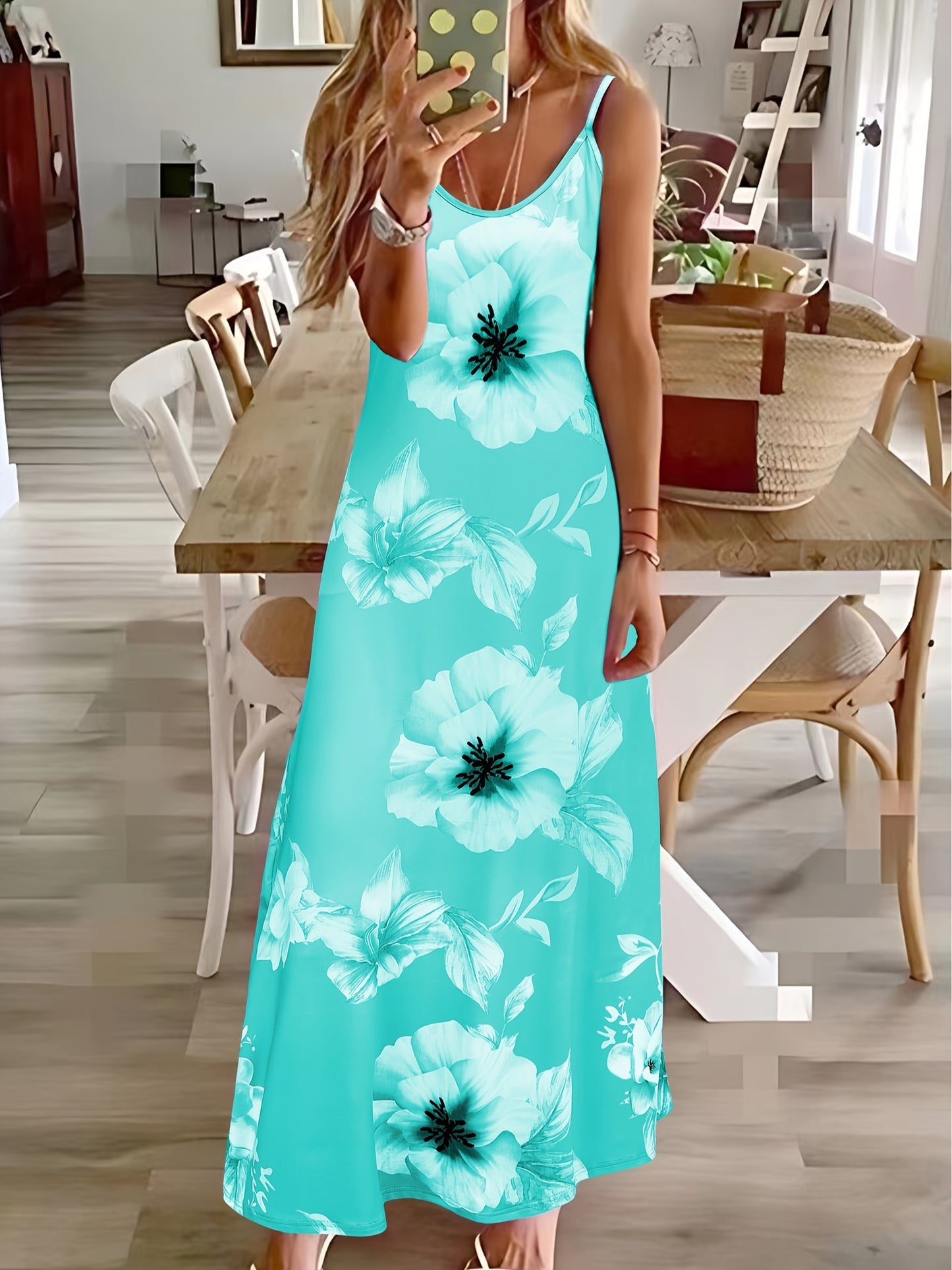 Long Sleeveless Spaghetti Strap Floral Print Slingback Dress - Sexy Beach Style, Regular Fit, Micro Elasticity, Machine Washable, Polyester Fabric - Perfect for Adult Women