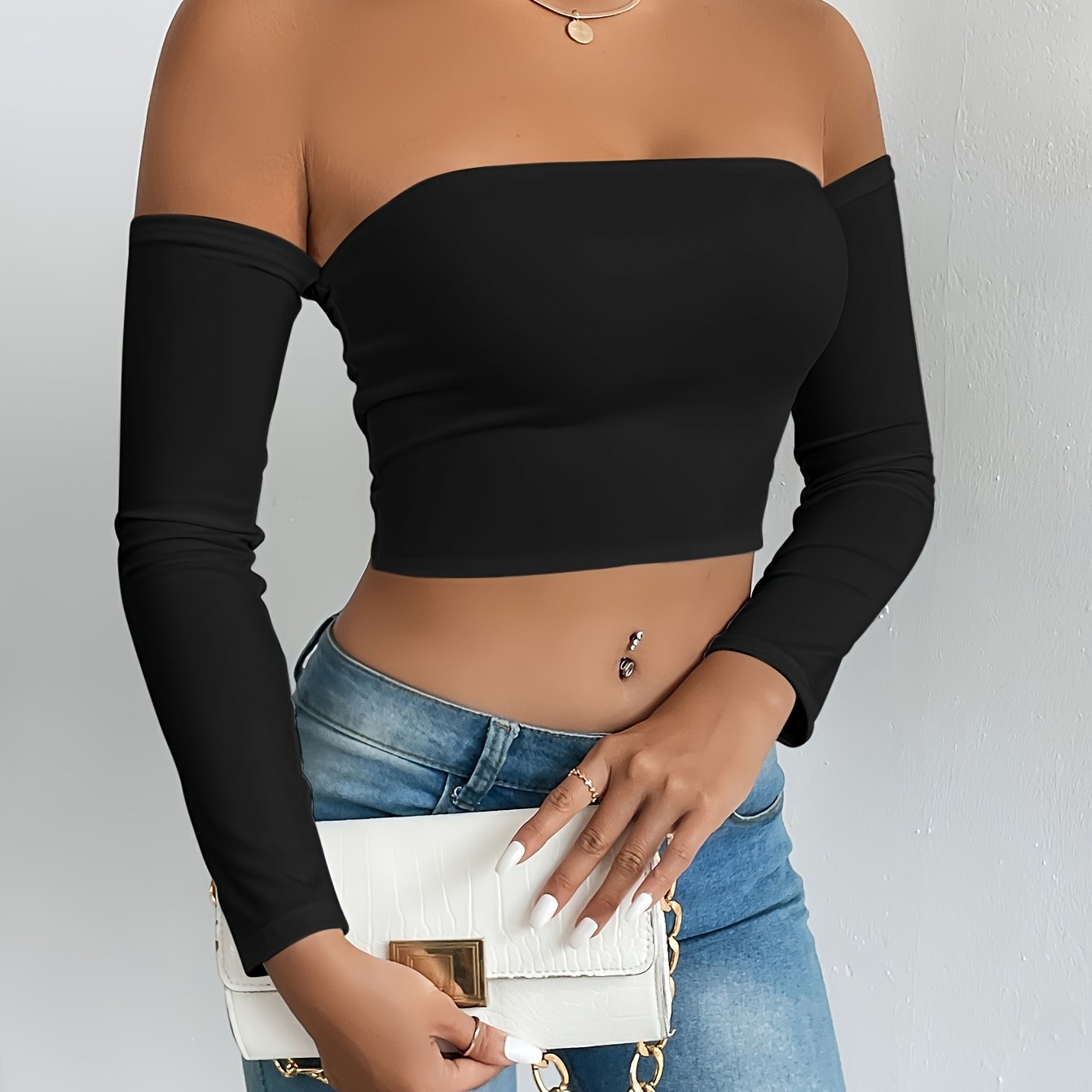 Solid Color Off-shoulder Crop Top, Sexy Long Sleeve Slim Top, Women's Clothing