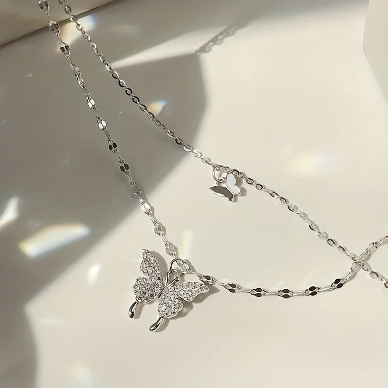 Y2K Rhinestone Butterfly Double Layers Necklace Shiny Silvery Party Dating Gift Daily Jewelry Accessories