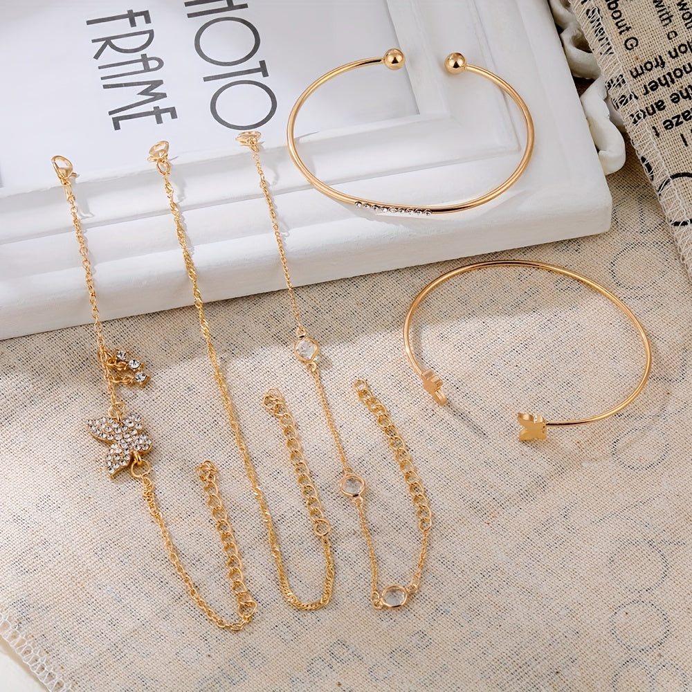 5pcs/Set Exquisite Butterfly-Shaped Rhinestone Cuff Bangle Jewelry for Women - Elegant and Simple Design, Perfect for Daily Wear, Gift-Giving, and Any Occasion - Alloy Material, Rhinestones Mosaic, Other Plating, Suitable for