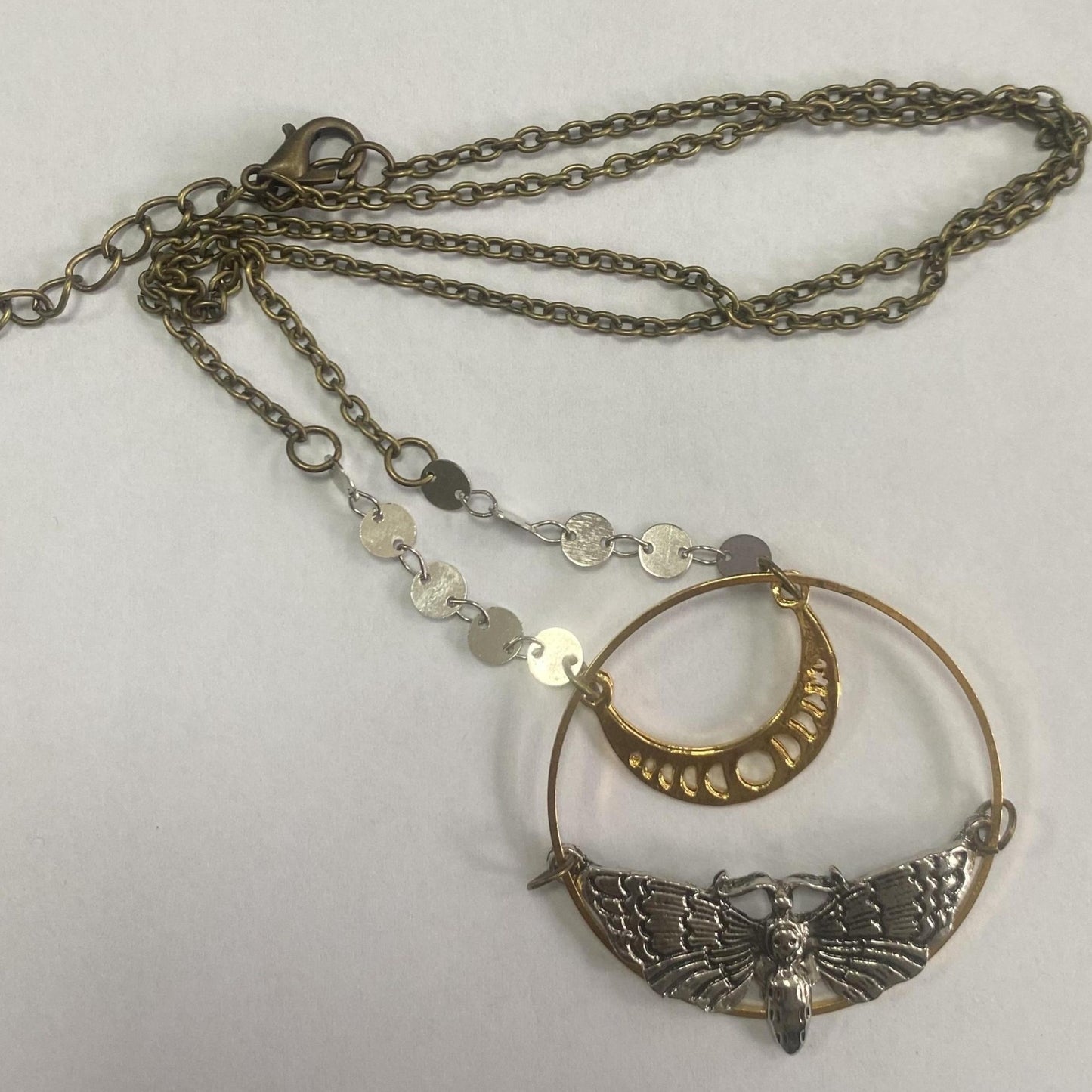Lunar Moth Pendant Necklace, Vintage Style, Celestial Phases Charm with Metal Chain, Bohemian Gothic Jewelry for Women and Men