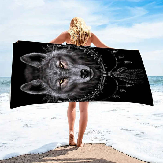 1pc Vibrant Wolf Dreamcatcher Printed Beach Towel - Ultra-Soft, Highly Absorbent, Quick-Drying, Modern Style, 55 Inch Multi-Use Summer Bath Towel for Yoga, Swimming, Fitness, Camping, and Outdoor Activities - Pedlar's Attic