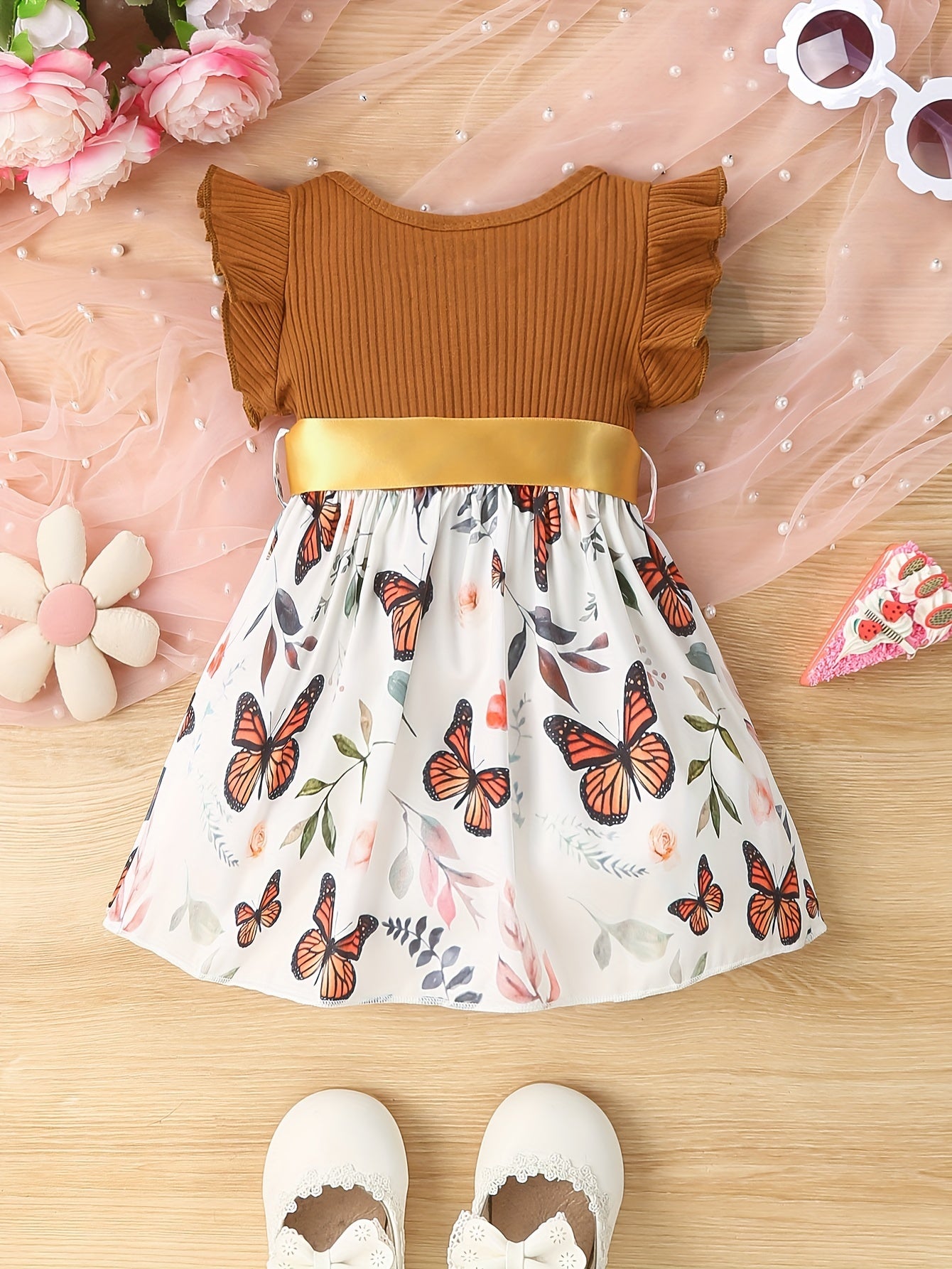 Baby Girls Cute Butterfly Graphic Print Ruffled Sleeve Belted Dress, Kids Summer Comfortable Clothes