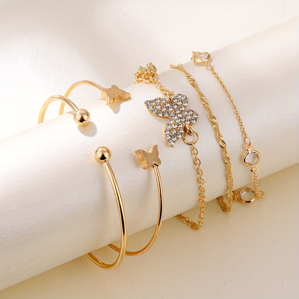 5pcs/Set Exquisite Butterfly-Shaped Rhinestone Cuff Bangle Jewelry for Women - Elegant and Simple Design, Perfect for Daily Wear, Gift-Giving, and Any Occasion - Alloy Material, Rhinestones Mosaic, Other Plating, Suitable for