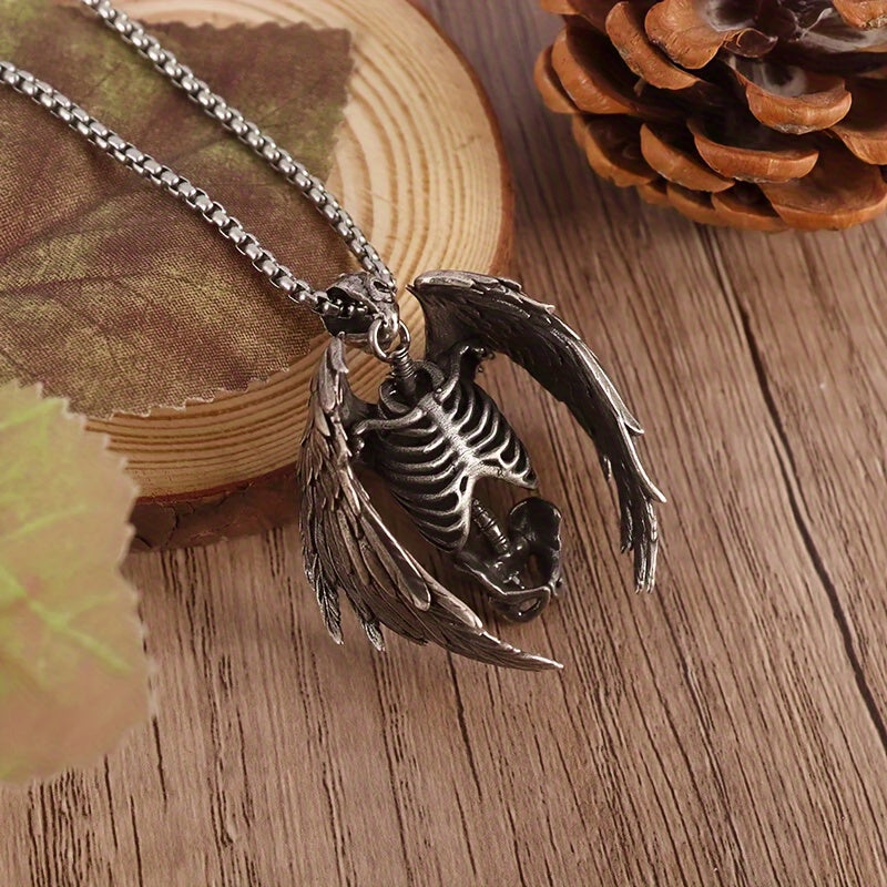 Gothic Wings Grim Reaper Pendant, Skull Necklace For Men, Punk Rock Jewelry Halloween Gift