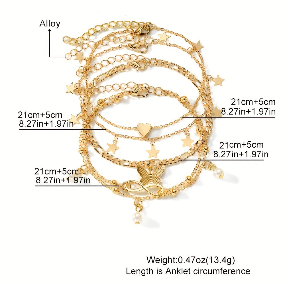 Butterfly Pearl Five-pointed Star Infinity Symbol Love Foot Chain 4pcs Set