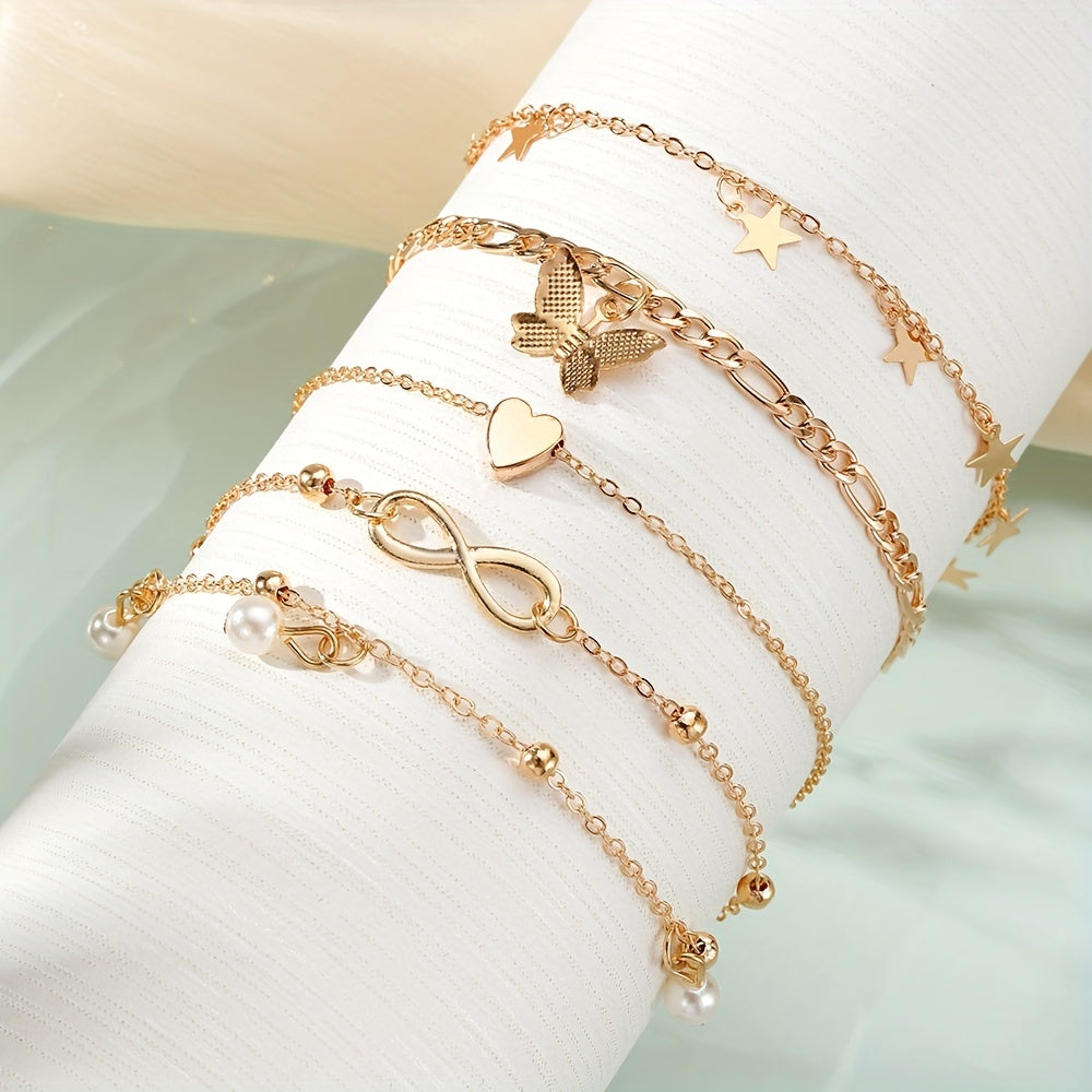 Butterfly Pearl Five-pointed Star Infinity Symbol Love Foot Chain 4pcs Set