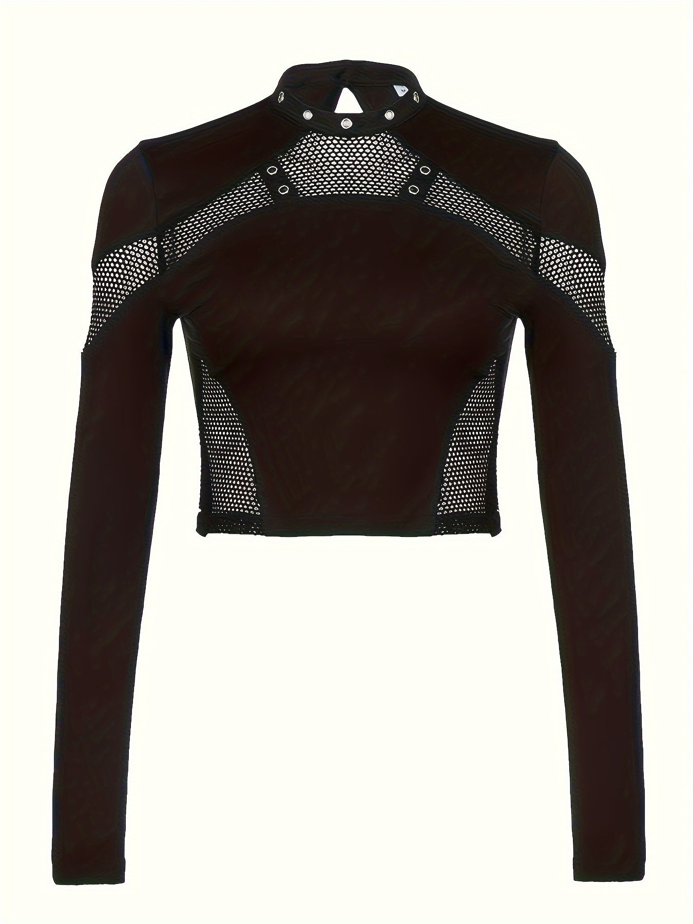 Mesh Splicing Gothic Style T-shirt, Y2K Long Sleeve Slim Crop Top, Women's Clothing