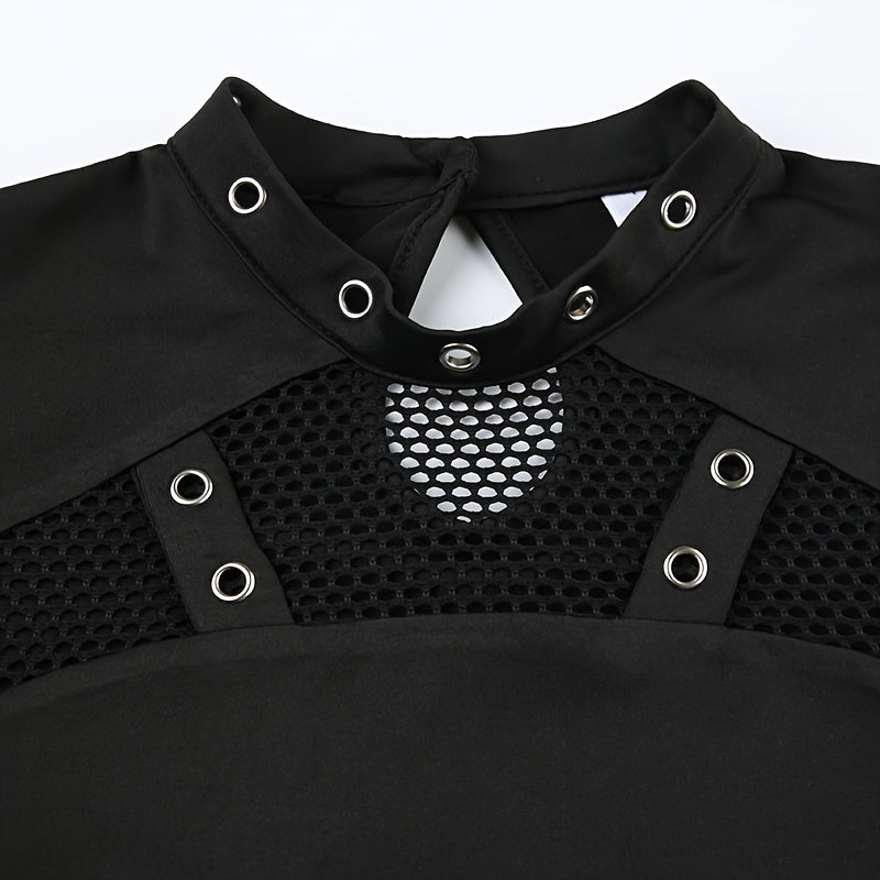 Mesh Splicing Gothic Style T-shirt, Y2K Long Sleeve Slim Crop Top, Women's Clothing