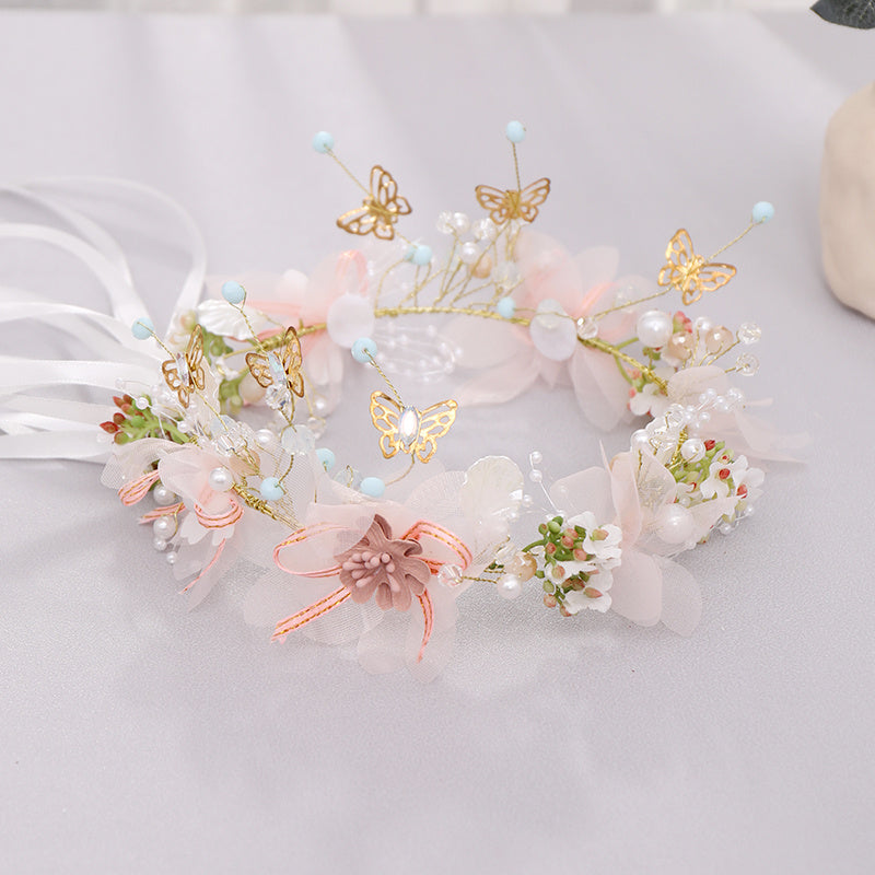Delicate Butterfly Flower Headband - Handmade Floral Wreath Crown for Flower Girl, Bridal Hair Accessories, Wedding Party Supplies, Soft Fabric, Adjustable One-Size-Fits-All Design