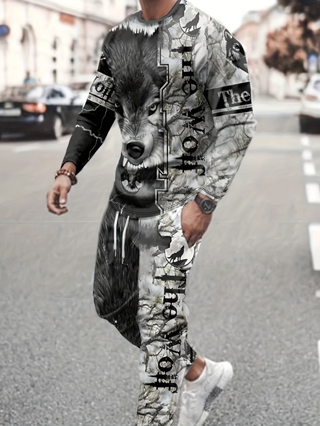 2-Piece Wolf Pattern Men's Outfit: Casual Crew Neck Long Sleeve T-Shirt & Drawstring Sweatpants Joggers Set for Winter Fall