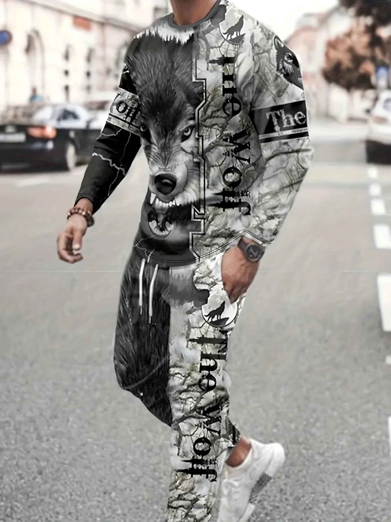 2-Piece Men's Wolf Pattern Casual Outfit: Long Sleeve Tee & Drawstring Sweatpants - Pedlar's Attic