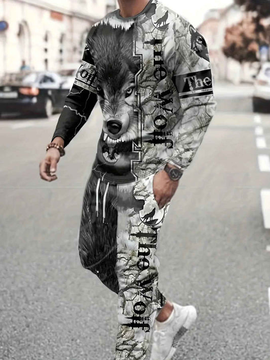 2-Piece Men's Wolf Pattern Casual Outfit: Long Sleeve Tee & Drawstring Sweatpants - Pedlar's Attic