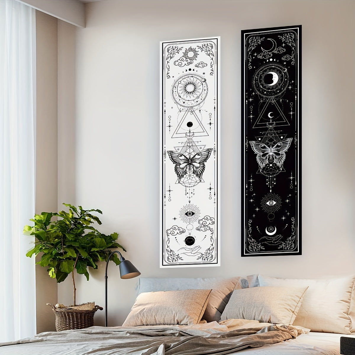 1pc Sun Moon Vertical Tapestry Black and White Butterfly Tapestry Wall Hanging for Living Room Bedroom Office Aesthetic Gothic Witchy Tapestry Home Room Wall Decor