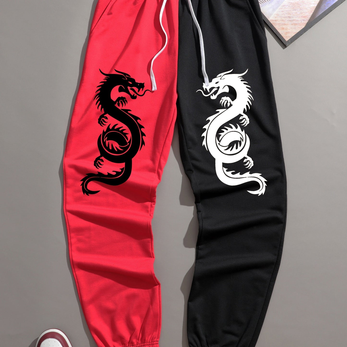 Two Color Splicing, Men's Drawstring Sweatpants, Dragons Print Pocket Breathable Casual Jogger Pants, Mens Clothing