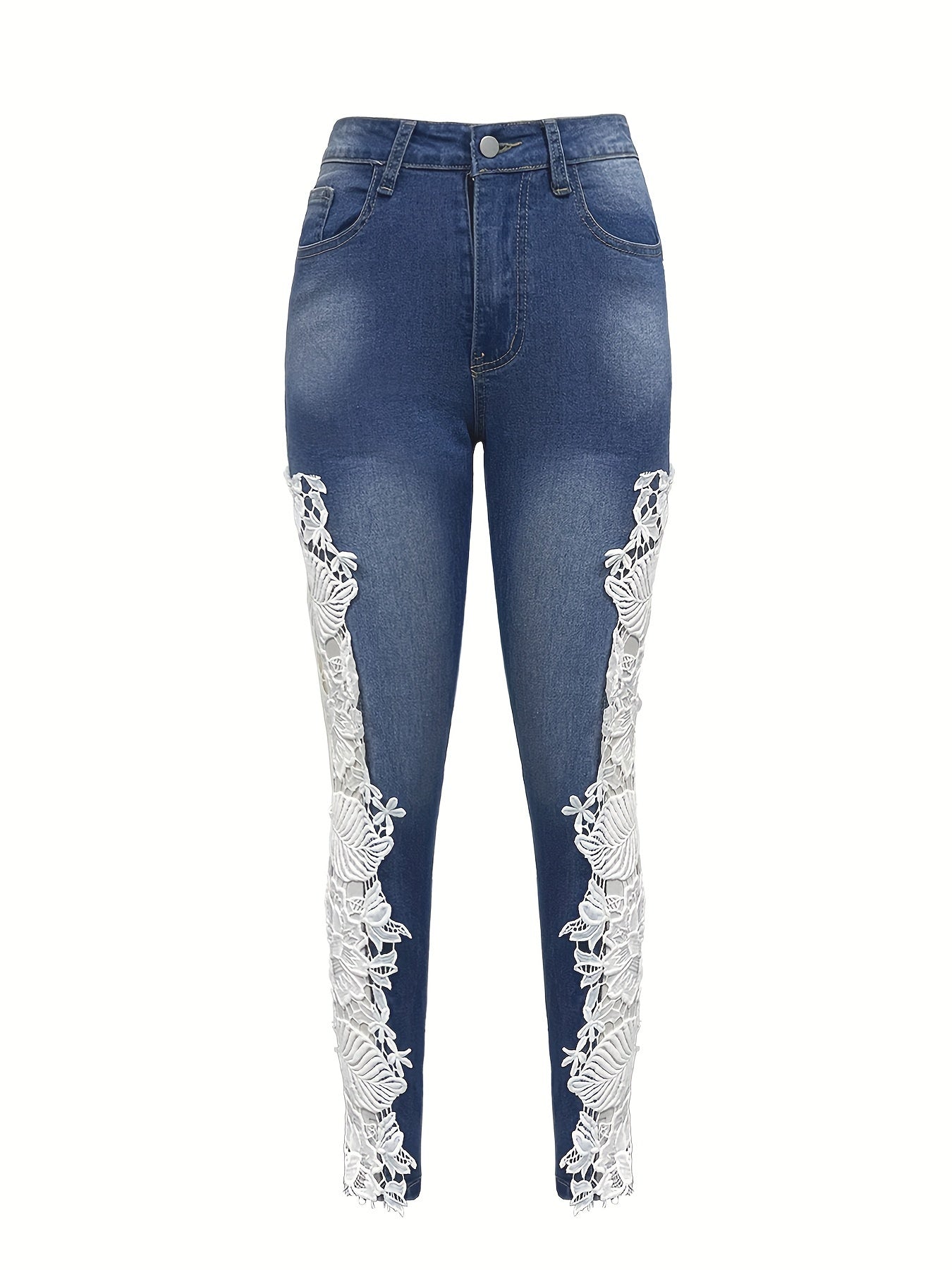 Vibrant Hollow Out Lace Contrast Jeans - Elegant, Skinny Fit, Stretchy Denim Pants with Fairy Core Design - Women's Fashionable Denim Clothing for Chic Style
