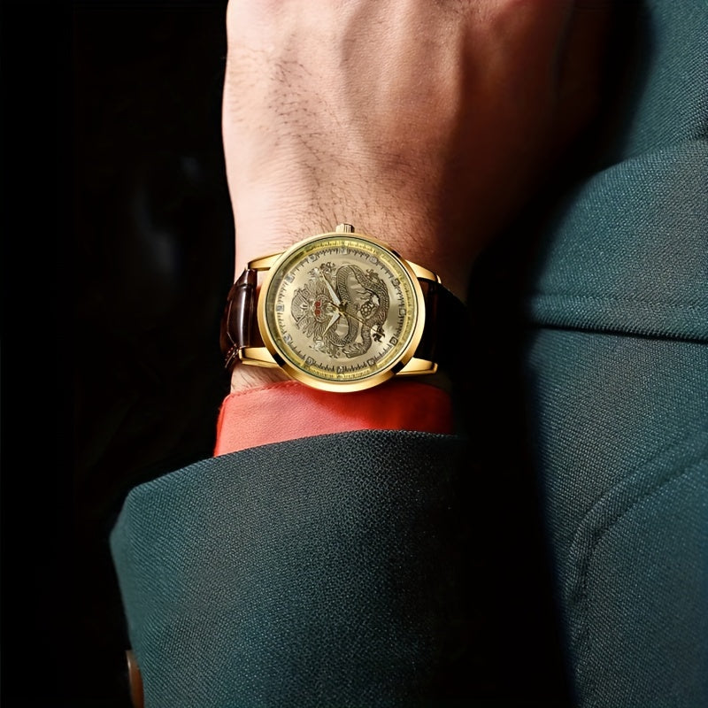 WOKAI Men's Luxury Dragon Quartz Watch - Golden-Tone Zinc Alloy Case, Brown Faux Leather Strap, Black Dial with Dragon Motif, Gemstone Accents, 1181.1inch Water Resistant, Battery Operated