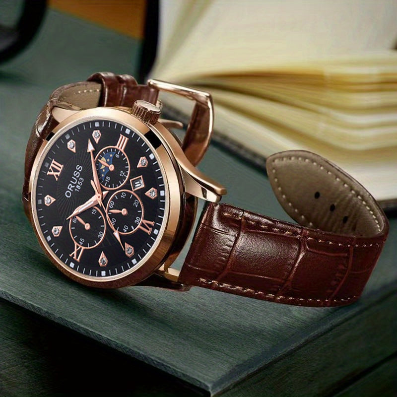 Mens Round Quartz Watch - Funky PU Leather Strap, Non-Waterproof, Electronic Pointer Display, Alloy Case, Ideal Gift for College Gentleman