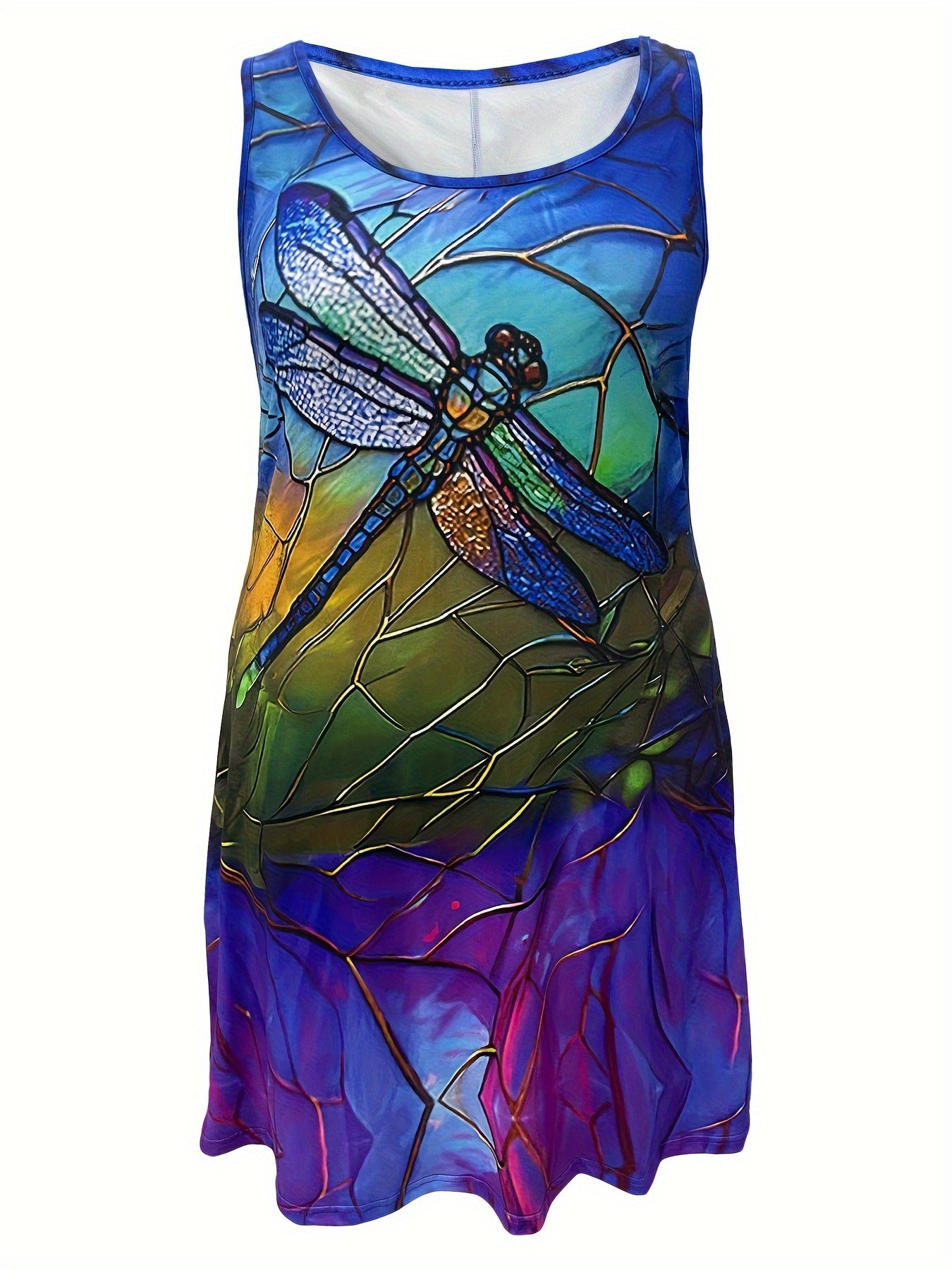 Plus Size Dragonfly Print Tank Dress, Casual Sleeveless Dress For Spring & Summer, Women's Plus Size Clothing