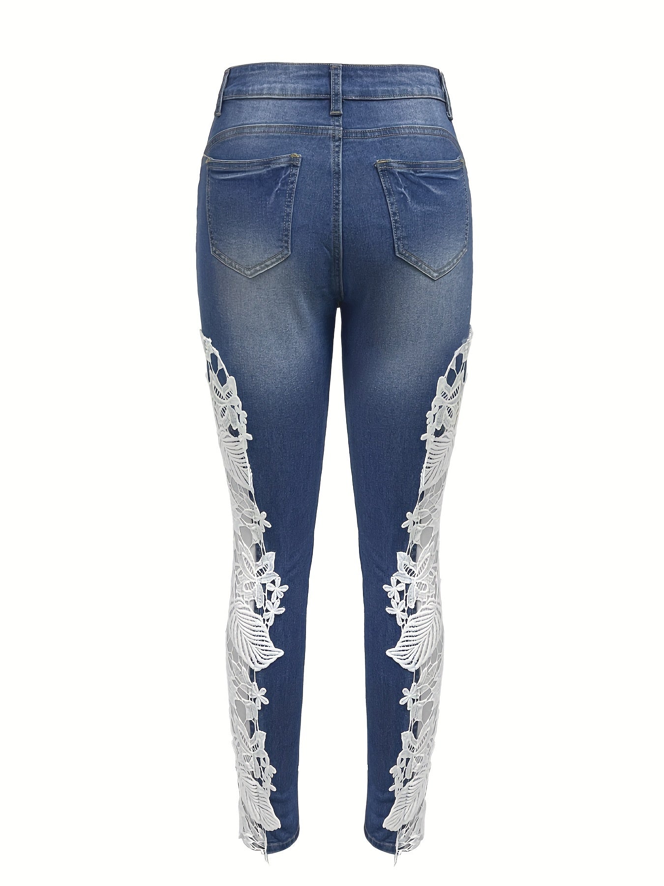 Vibrant Hollow Out Lace Contrast Jeans - Elegant, Skinny Fit, Stretchy Denim Pants with Fairy Core Design - Women's Fashionable Denim Clothing for Chic Style