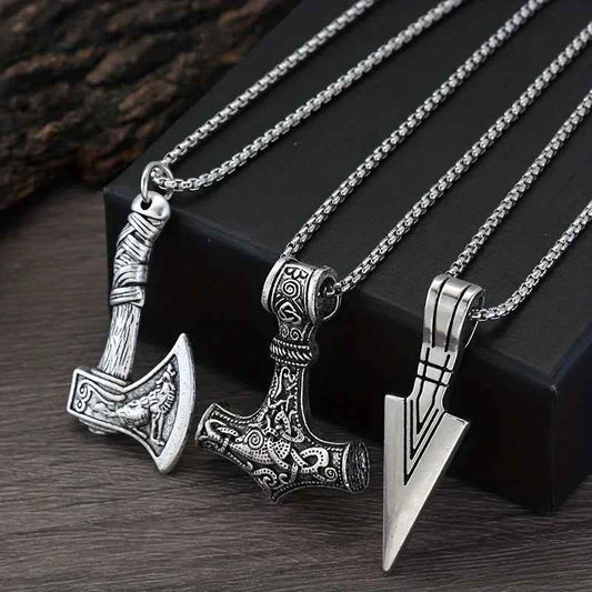 3 Piece Viking Necklace Set for Men - Norse Hammer, Compass, Celtic Knot & Wolf Ax Pendants - Nordic Amulet Jewelry Gift - Pedlar's Attic
