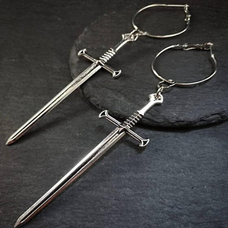 Dark Punk Vintage Silvery Cross Sword Dangle Earrings Long Gothic Medieval Exaggerated Dagger Cool Fashion Women Mystical Jewelry Gifts