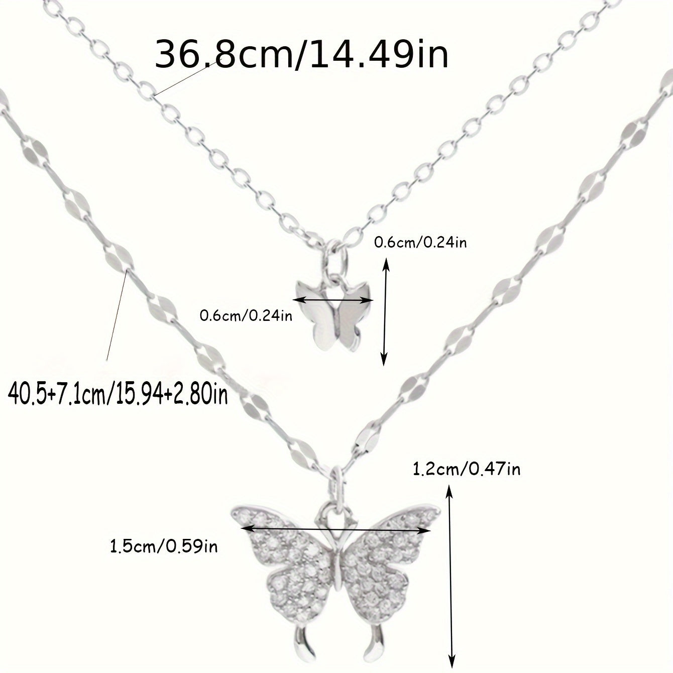 Y2K Rhinestone Butterfly Double Layers Necklace Shiny Silvery Party Dating Gift Daily Jewelry Accessories