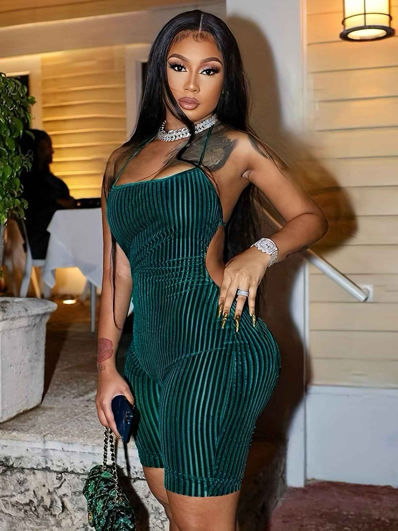 Sexy Velvet Halter Romper for Women - Backless Tie-Up Jumpsuit with Ribbed Texture, Machine Washable, Green, Perfect for Spring/Summer Parties, Plus Rompers And Jumpsuits - Pedlar's Attic