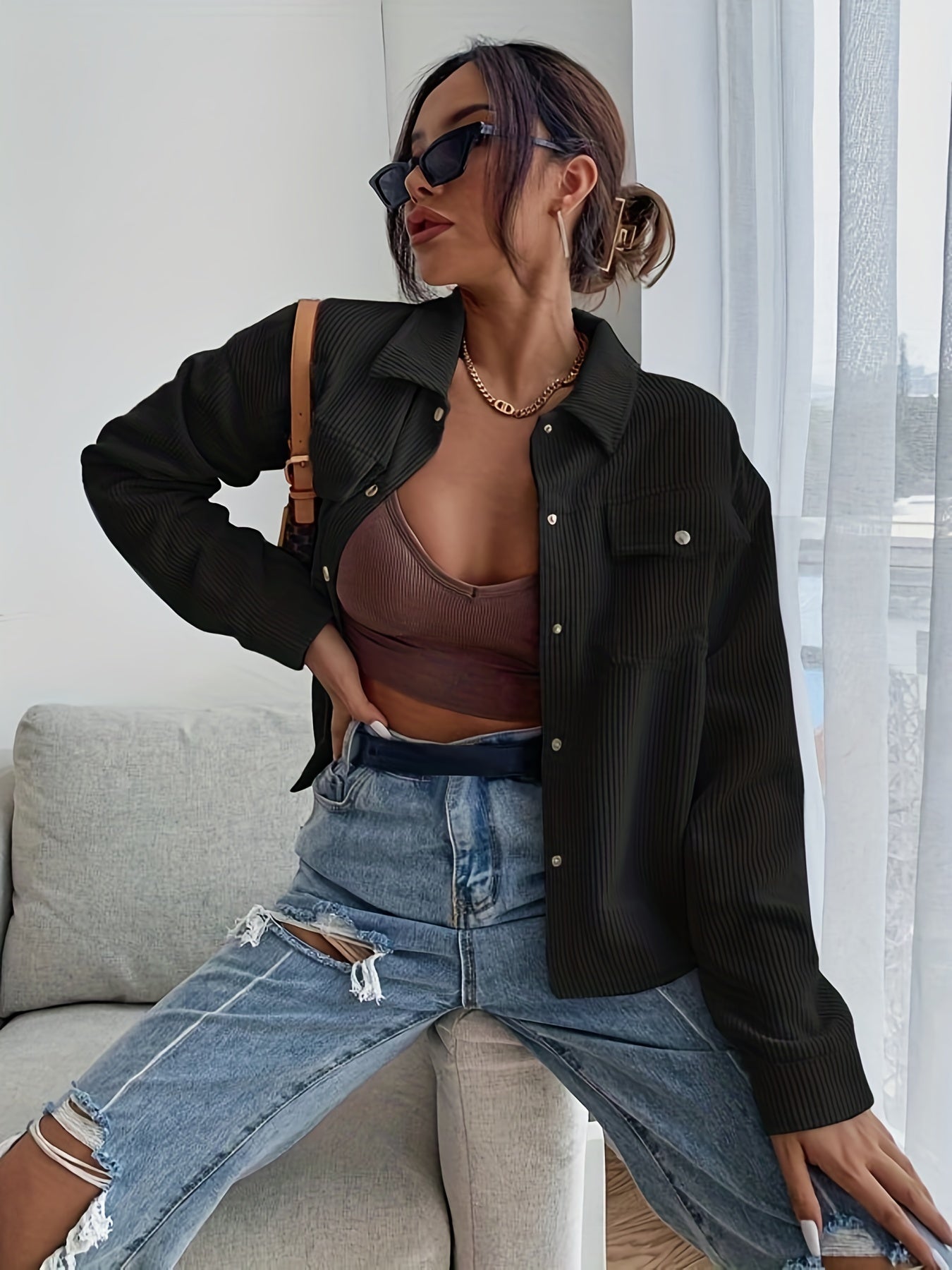 Long Sleeve Corduroy Bomber Jacket - Classic Lapel Collar, Button Front, Single Breasted, Split Sleeve, Regular Fit - Perfect for Weekend Casual, Spring/Fall Season