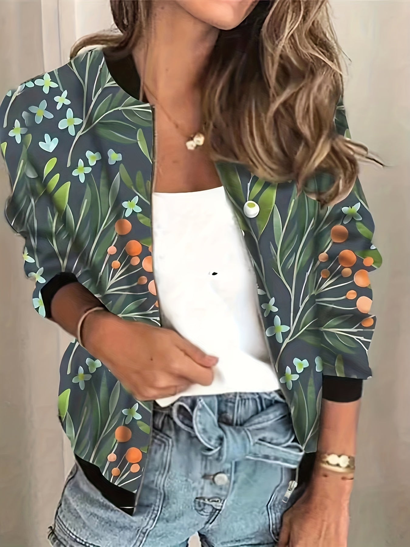 Graphic Print Zipper Jacket, Casual Baseball Neck Long Sleeve Outerwear, Women's Clothing