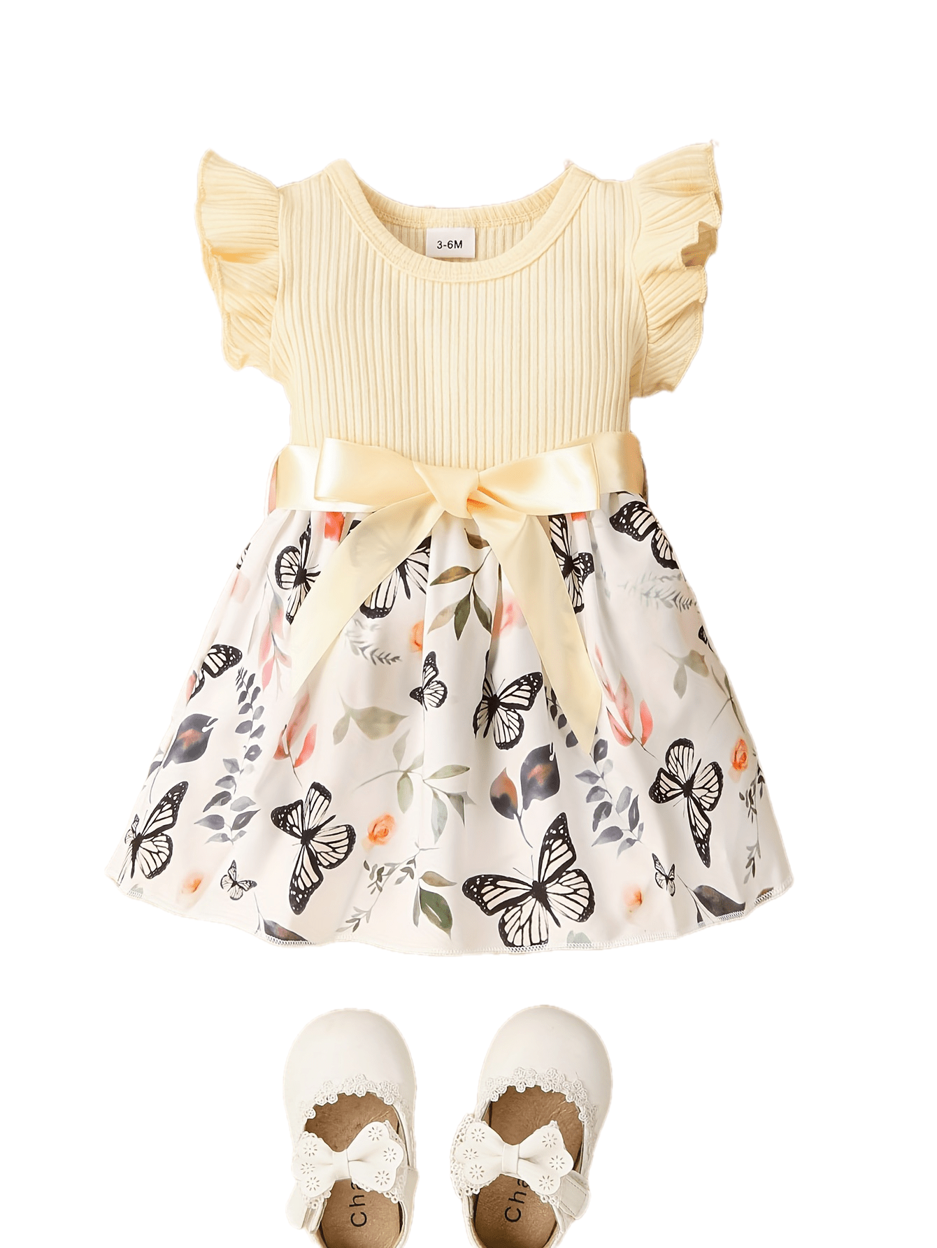 Baby Girls Cute Butterfly Graphic Print Ruffled Sleeve Belted Dress, Kids Summer Comfortable Clothes