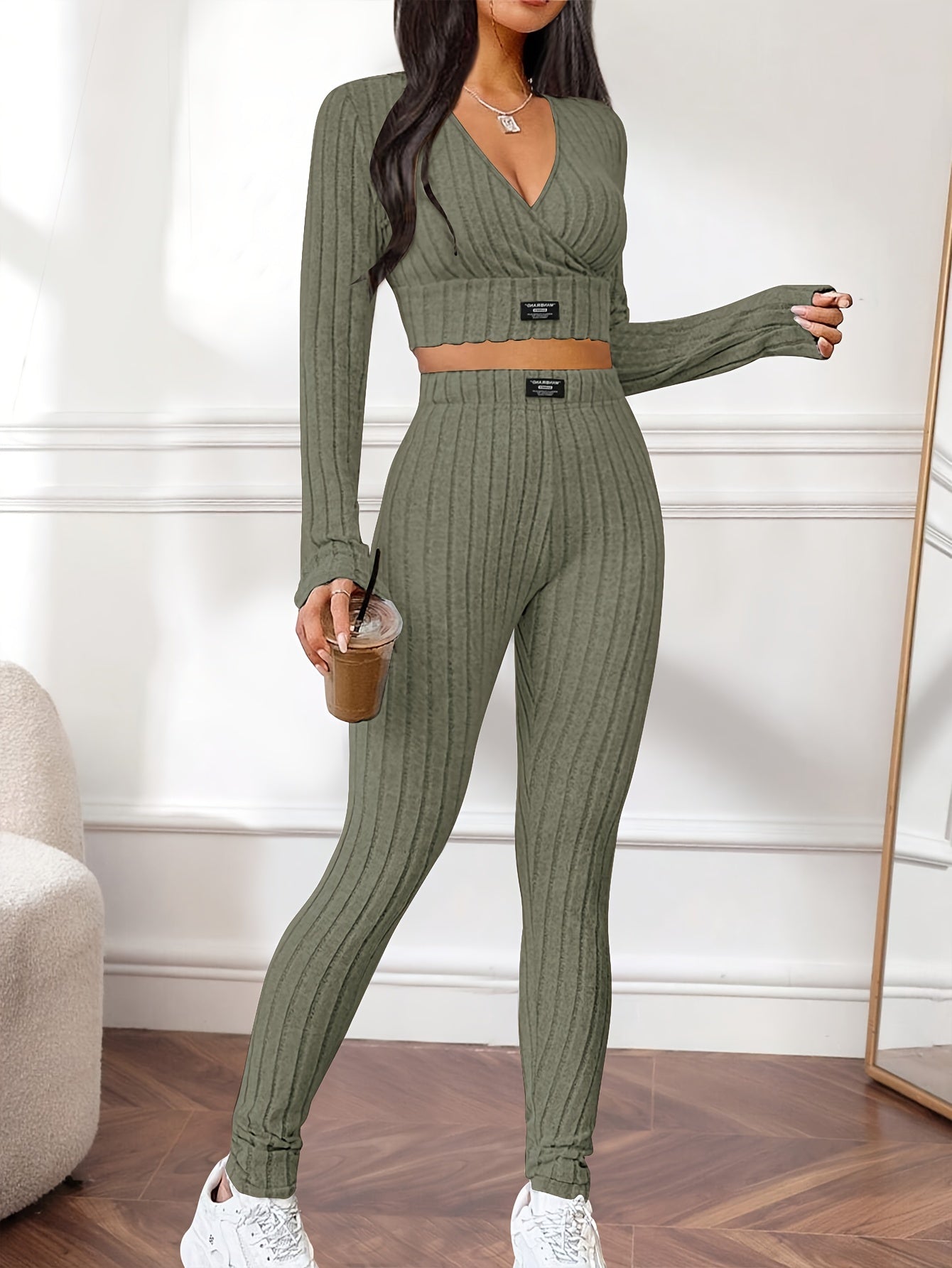 Flattering Ribbed Two-piece Outfit Set - V-Neck Long Sleeve Crop Top & Pants - Casual Chic Style for Women