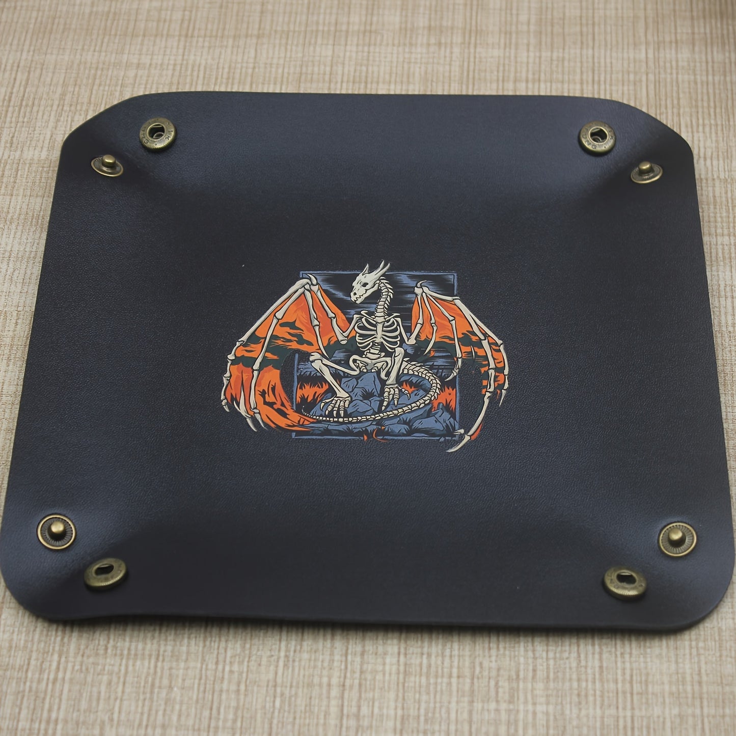 Unique Skeleton Dragon Design Black PU Leather Dice Tray - Durable Creative Gaming Accessory and Tabletop Organizer for Role-Playing Games