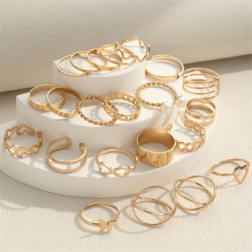 22pcs Fashion Stacking Rings Trendy Heart/ Infinity/ Butterfly/ Chain Design Mix And Match For Daily Outfits Party Accessories For Sweet Cool Girls